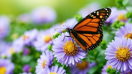 Obraz premium Vibrant Monarch Butterfly Resting on a Delicate Purple Flower in a Sunny Garden Bloom