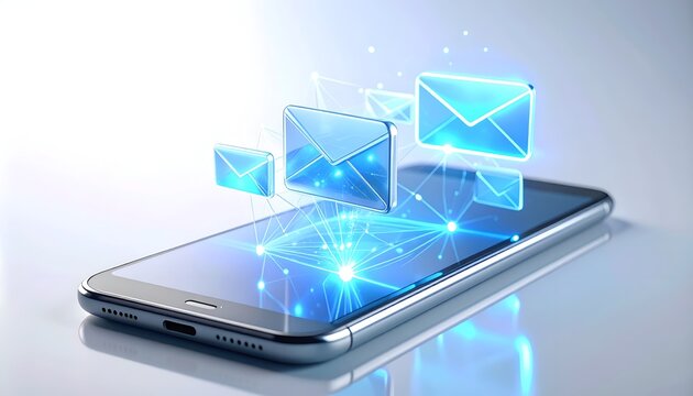 Glowing blue envelope icons flying out of a modern smartphone screen. Symbolizes digital communication, email marketing, instant messaging apps, notification alerts, and mobile technology.