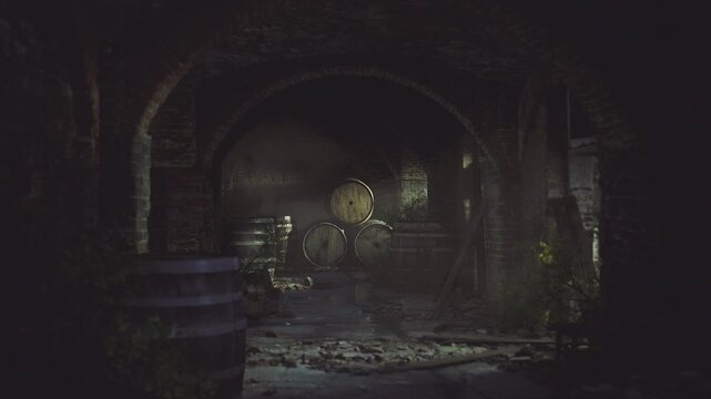 Mystical undercroft with floating lights and dust motes, ancient murals hinted on damp walls, stacks of barrels and scattered relics, soft ethereal glow