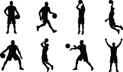 Basketball player silhouettes vector set featuring athletes dribbling shooting passing and dunking on white background © Hafijul