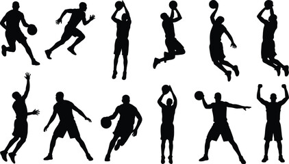 Basketball Player Silhouette Action Collection with Dribbling Shooting Dunking Passing and Celebration Poses © Hafijul