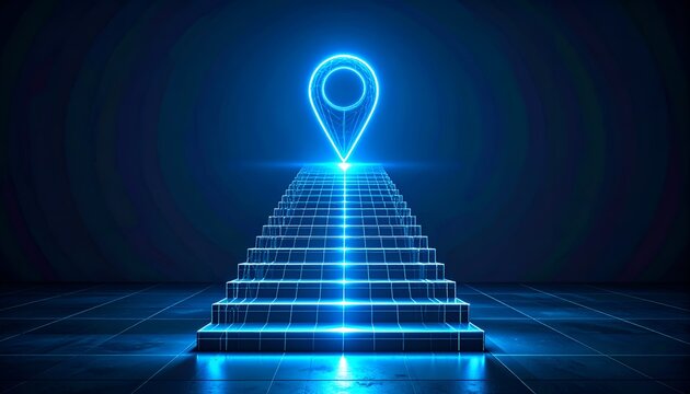 Glowing blue digital stairs ascending to a location pin in a dark futuristic grid room. Symbolizes career growth, finding the right path, reaching business goals, and navigation tech.