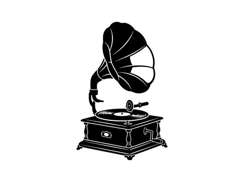 Black and white vector illustration of an antique gramophone player with a vinyl record isolated on white