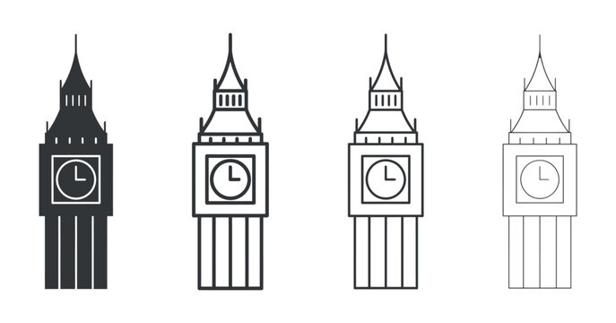 Big ben clock tower silhouettes in varying line weights on a transparent setting