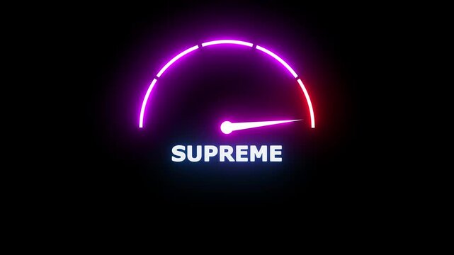 Neon glowing gauge meter with a needle pointing to the word supreme on a dark black background representing measurement and performance assessment