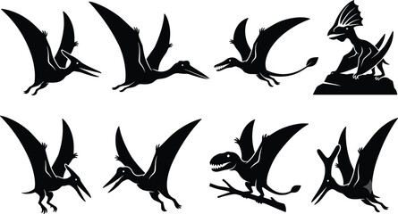 Flying Dinosaur Silhouette Collection Featuring Pterosaurs and Prehistoric Reptile Vector Icon Set © MstKhairun