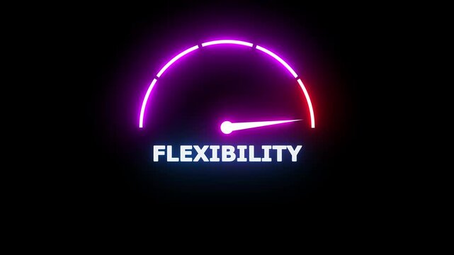 Neon glowing speedometer gauge showing flexibility with a bright purple and red arc indicator on a dark black background for business performance concepts