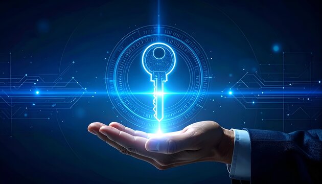 Glowing digital security key floating above an open hand, representing cybersecurity, secure access, encryption, authentication, digital identity, and data protection.