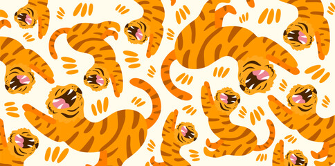playful jumping tigers decorative pattern for kids and fun © foxndeer