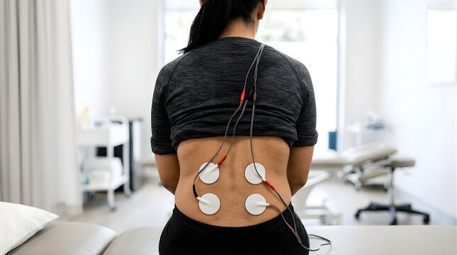 Woman receiving electrical muscle stimulation treatment on lower back in clinic