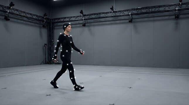 Woman walking in a motion capture suit with tracking markers in a studio