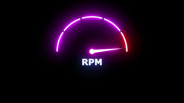 Neon glowing gauge showing rpm measurement on a dark background with vibrant purple and red light effects for automotive engine speed monitoring