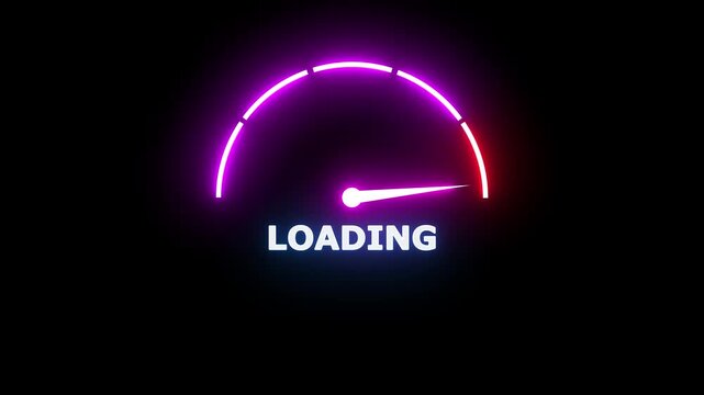 Neon glowing loading gauge meter with a white needle pointing to the left side against a solid black background for industrial monitoring concepts