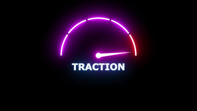 Bright neon speedometer gauge with a purple and red arc indicator pointing to the word traction on a solid black background