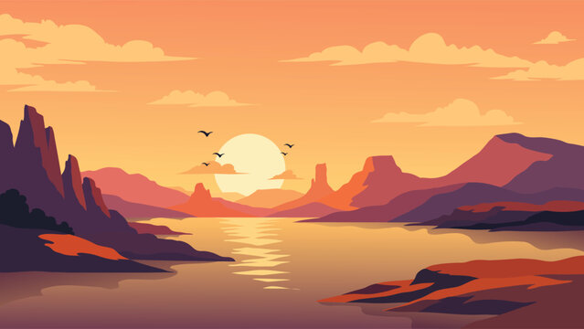 Serene Desert River Canyon Flat Vector Landscape With Majestic Mountains And Golden Sunset