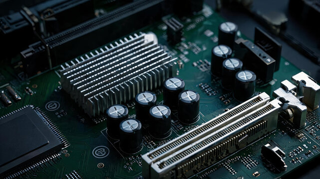 A detailed close-up of a green printed circuit board populated with electronic components including capacitors, a heatsink, and connectors.
