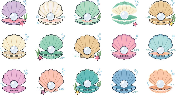 Pearl Oyster Shell Collection Vector Illustration Set with Open Seashells, Shiny Pearls, and Marine Ocean Treasure Elements Isolated