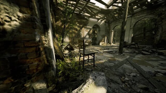 Dusty corridor with broken roof and lone chair, shafts of light carving patterns across cracked tiles, scattered debris and climbing plants hinting at slow