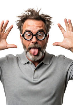 Middle-aged caucasian man with wild hair, beard, and round black glasses, making an exaggerated goofy face (eyes crossed, tongue out), gesturing wildly on a bright white studio background. concept of