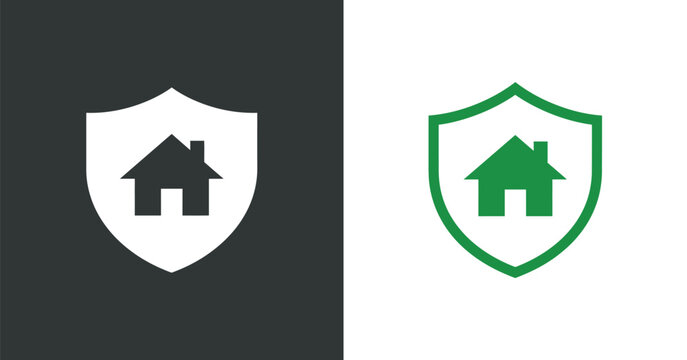 Shield shaped pictogram featuring a house presented in two tone variations shield house home dwelling