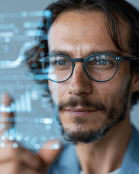 Man with glasses gazes at digital data streams. His focused expression shows deep concentration. He holds futuristic interface with steady hand. Technology and human intelligence merge in this moment