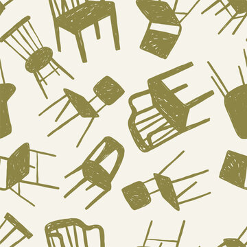 Hand drawn retro chair vector illustration. Vintage print in doodle style. Seamless pattern