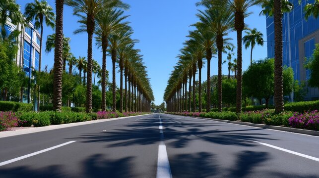 Symmetrical palm-lined boulevard with clear skies and modern architecture in the background