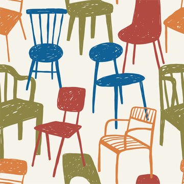 Hand drawn retro chair vector illustration. Vintage print in doodle style. Seamless pattern
