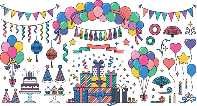 Birthday party decoration elements vector illustration set with balloon arch garland bunting flags cake and gift boxes for celebration invitation layout templates