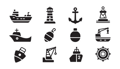 Fototapeta premium Set of cargo ship, tanker, lighthouse, anchor, buoy, crane icons in black flat style isolated on white.
