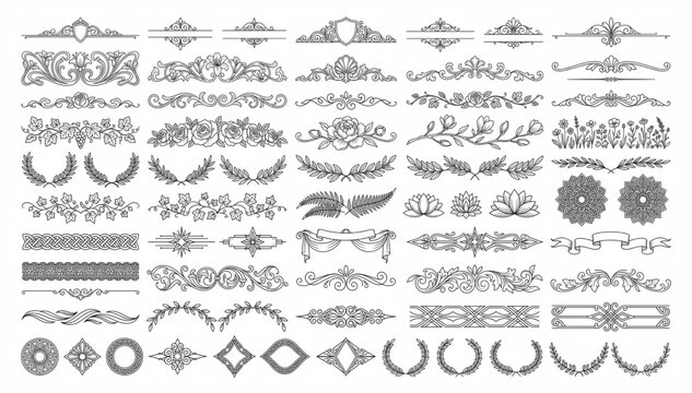 Ornate decorative dividers and floral flourishes for elegant page layouts with graphic design divider line ornament flourish decoration calligraphy collection typography ornamental