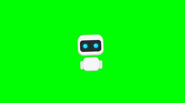 Cute White Robot with Blue Eyes Floating on Green Screen Chroma Key Background