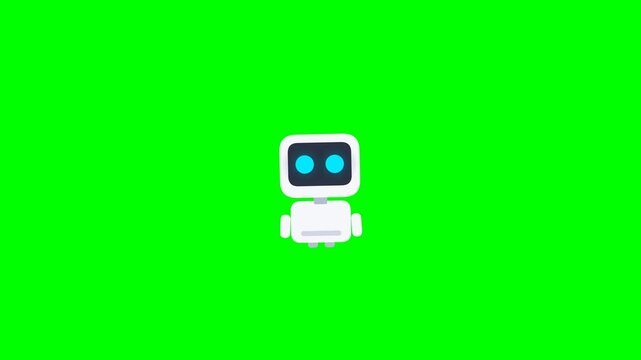 Cute White AI Robot Mascot Hovering in Place on Green Screen Background
