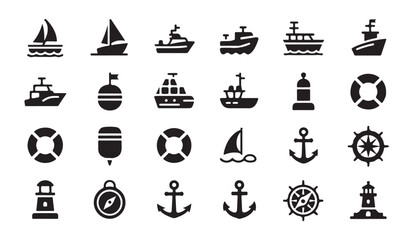 Extensive collection of maritime icons featuring ships sailboats compasses anchors and lifebuoy accessories. © MDIKRAM