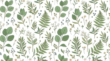 Botanical seamless pattern with green eucalyptus leaves fern fronds and delicate wildflowers on white background for elegant wedding stationery textile and wallpaper designs © Protima