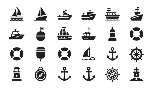 Extensive collection of maritime icons featuring ships sailboats compasses anchors and lifebuoy accessories.