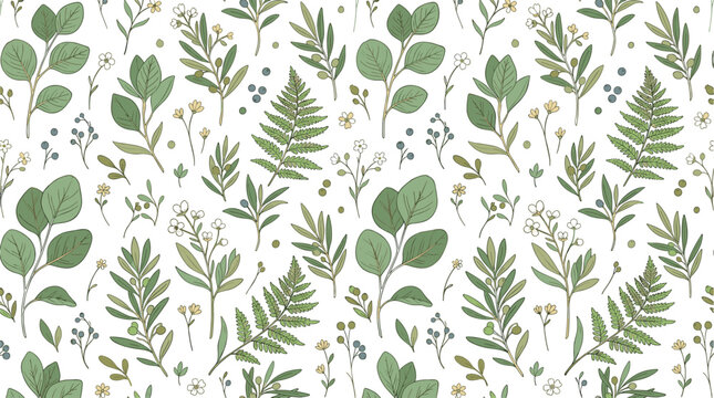 Botanical seamless pattern with green eucalyptus leaves fern fronds and delicate wildflowers on white background for elegant wedding stationery textile and wallpaper designs