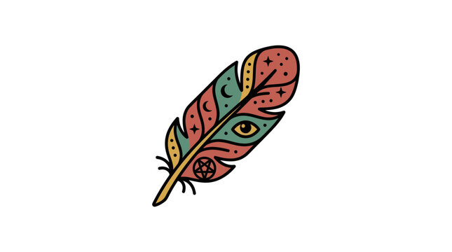 Mystical Feather with Eye and Stars Tattoo Style Art