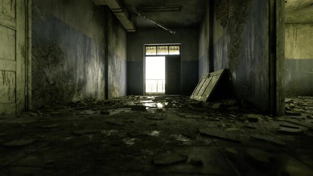 Sunlit abandoned room with scattered rubble and tilted panel, warm greenish light pouring through window, textured concrete floor, sense of quiet aftermath