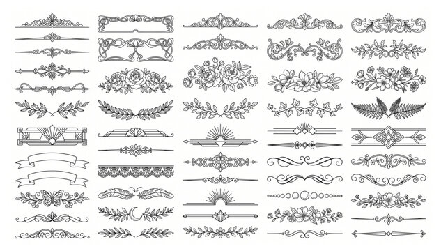 Set of decorative dividers and ornate flourishes for page decoration with graphic design divider line ornament flourish decoration calligraphy collection typography ornamental