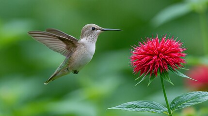 Fototapeta premium Female hummingbird hovering near vibrant red flower in lush green garden, capturing a moment of nature's beauty and delicate motion