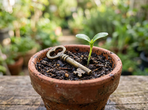 Small plant sprout and vintage key in clay pot