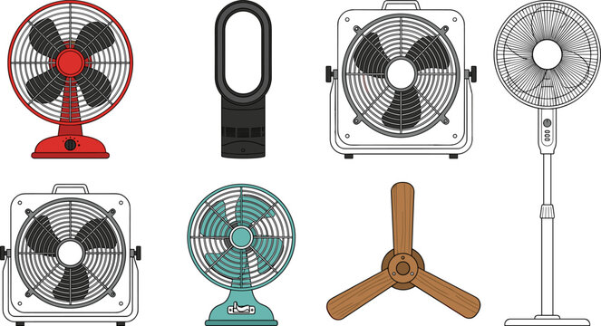 Electric cooling fan icon set featuring classic retro desk ventilators modern bladeless unit industrial square box fans pedestal stand and wooden ceiling propeller vectors