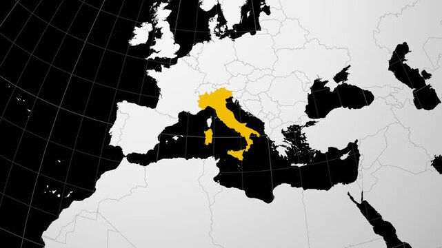 Italy map. Animated zoom into the country on the Globe in Black White color palette. Country logo animation. Map with meridians, parallels. Artistic video.
