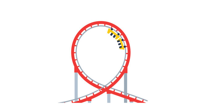 Red roller coaster track with yellow cars in a vertical loop