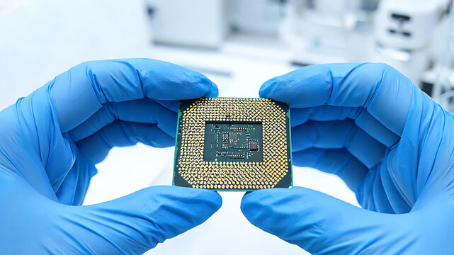 A pair of hands wearing blue protective gloves holds a central processing unit chip, a key semiconductor component in electronic devices.
