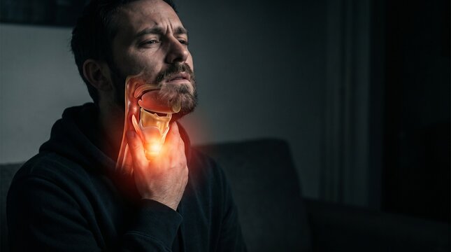 A man is holding his throat in pain, with a glowing red area indicating discomfort or inflammation.