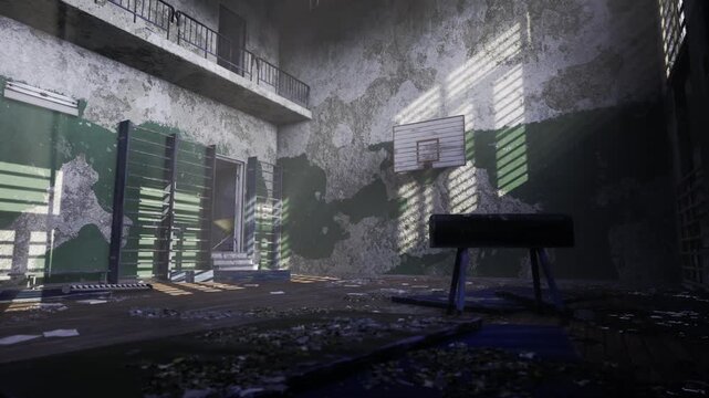 Abandoned gym interior bathed sunlight, cracked parquet floor, scattered debris, shattered windows casting long shadows, lone bench silhouette, muted green wall