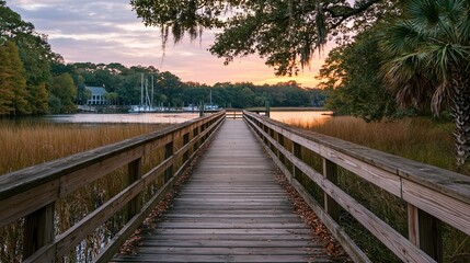 Fototapeta premium Scenic wooden boardwalk pier stretching towards a tranquil sunset over a calm river and lush coastal foliage