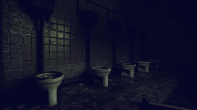 Deserted school lavatory with row of aged toilets, chipped tile mosaics and echoing emptiness, urbex photographer narrative capturing nostalgia
